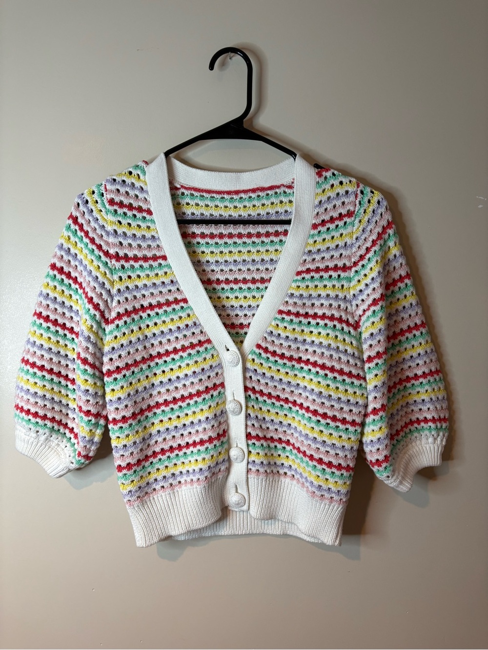 Boutique White & Rainbow Stripe Open Knit Cardigan NWOT